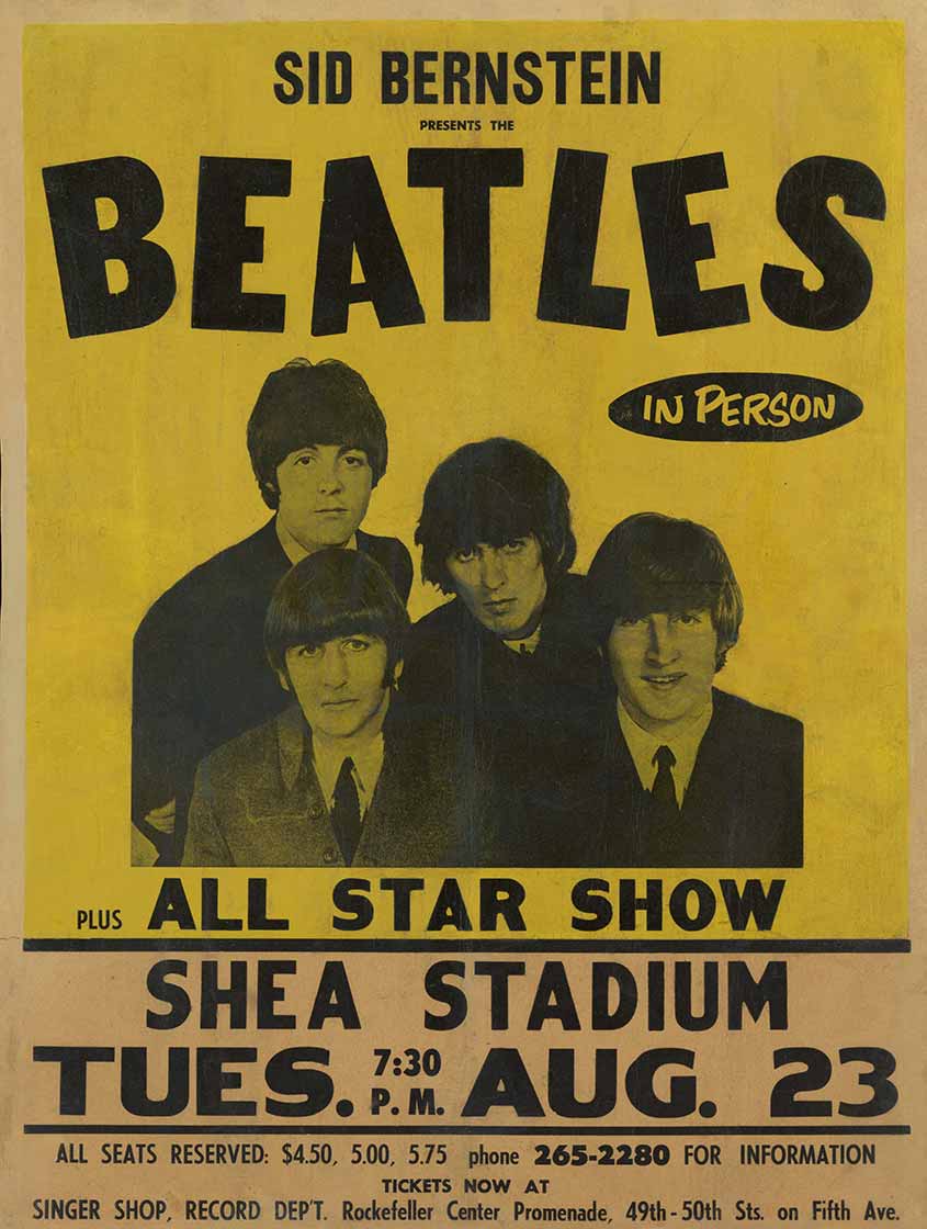 Vintage poster advertising a Beatles performance at Shea Stadium, Tuesday, August 23rd.
